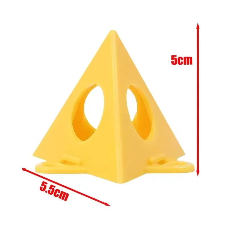 Yellow triangular plastic safety cone with two circular cutouts and measurement arrows showing 5cm height and 5.5cm base radius on a white background.