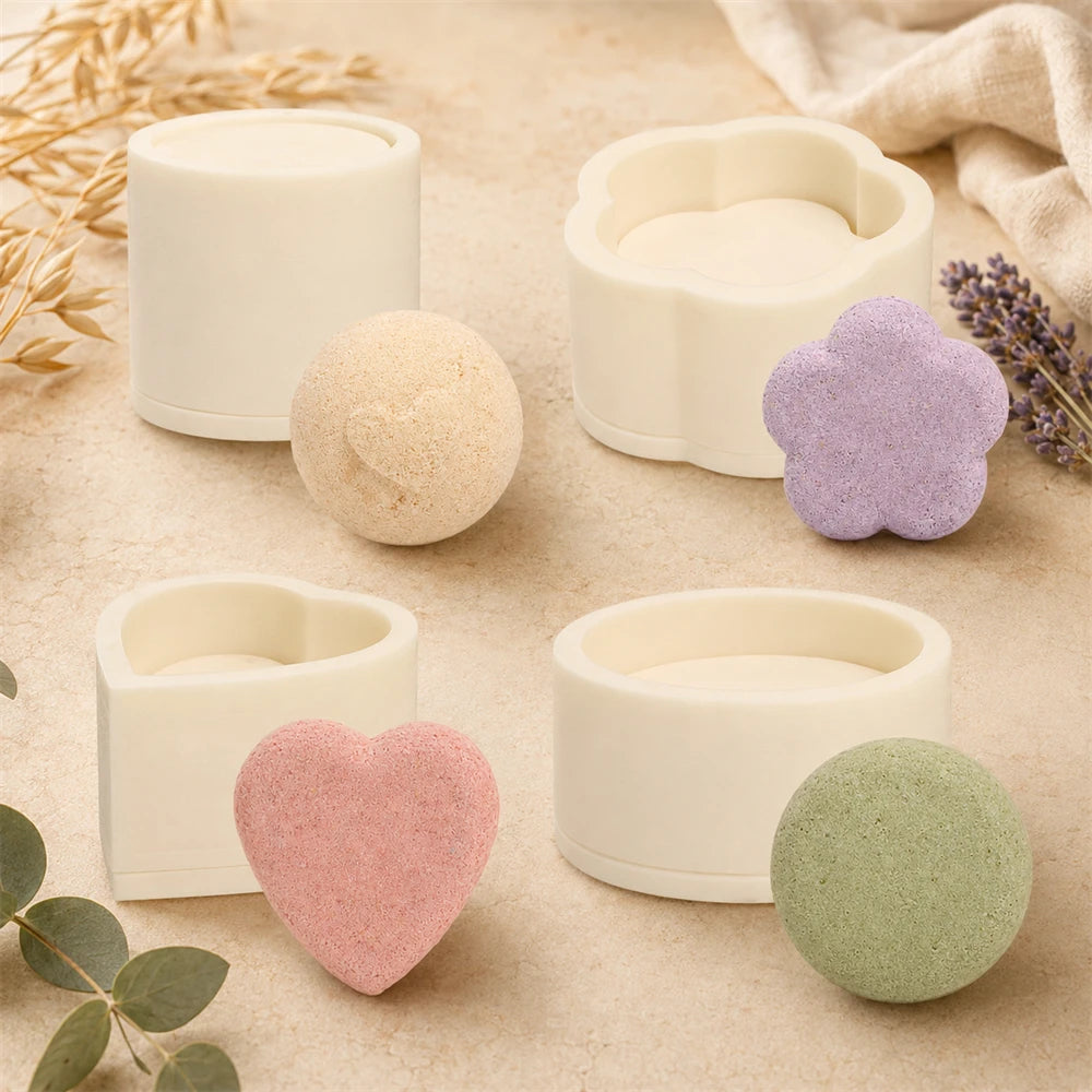 4 Shapes Bath Bomb Mold 3D Heart Flower Round Disc Sphere Shampoo Press Bar Mold DIY Round Ball Shampoo Soap Mold Soap Making