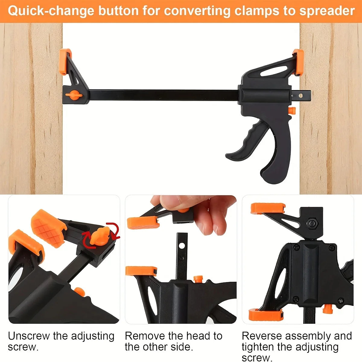 Clamp tool with quick-change button for converting to a spreader, shown with assembly instructions.