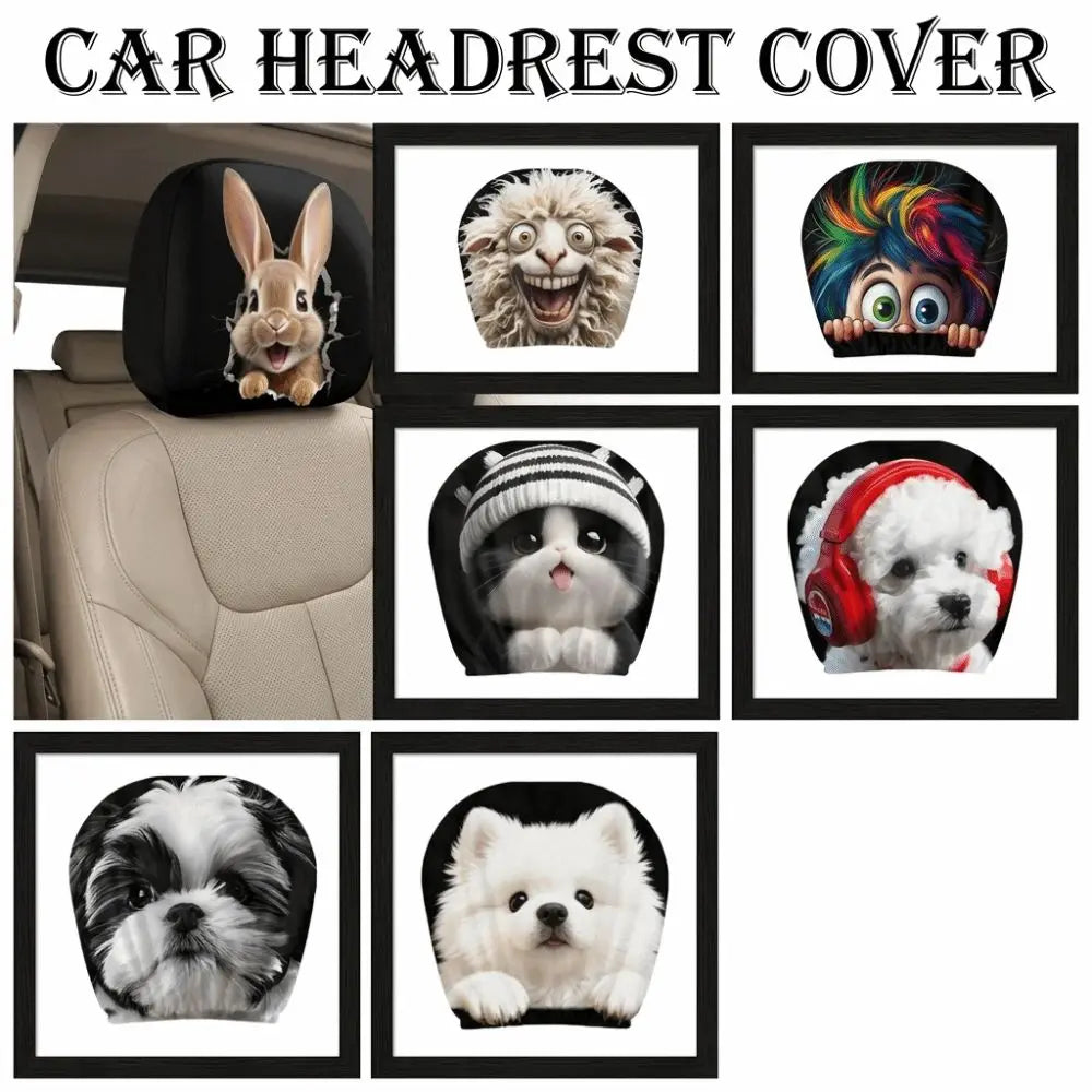 2PCS Elastic Car Headrest Covers Stain-Proof Cartoon Seat Headrest Protectors Funny Washable Auto Interior Decoration Cover