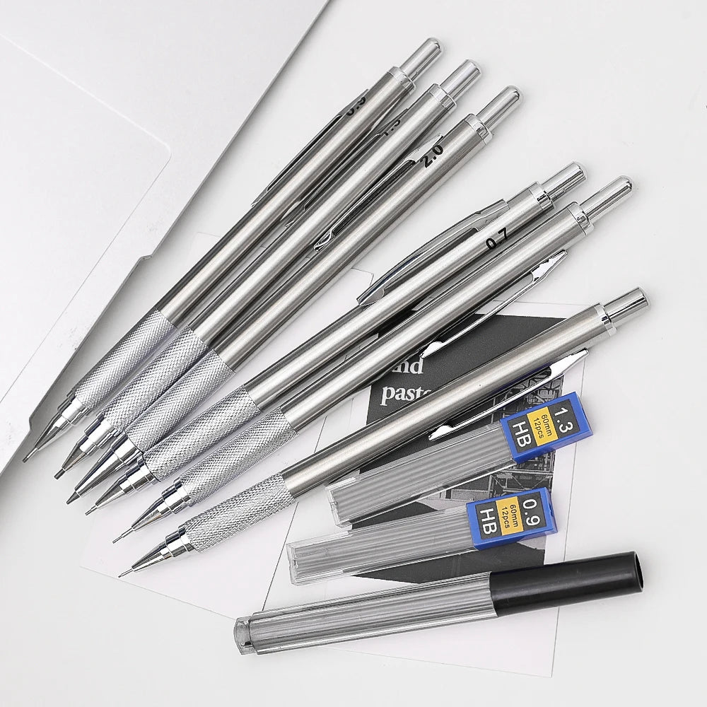 Metal Mechanical Pencil, Anti-Slip Grip — 0.3 to 2.0mm + Lead Refills
