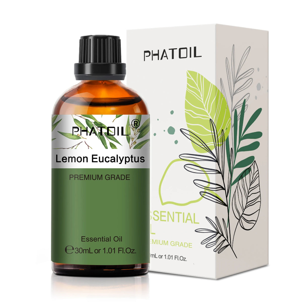Lemon Eucalyptus essential oil bottle with packaging on a white background