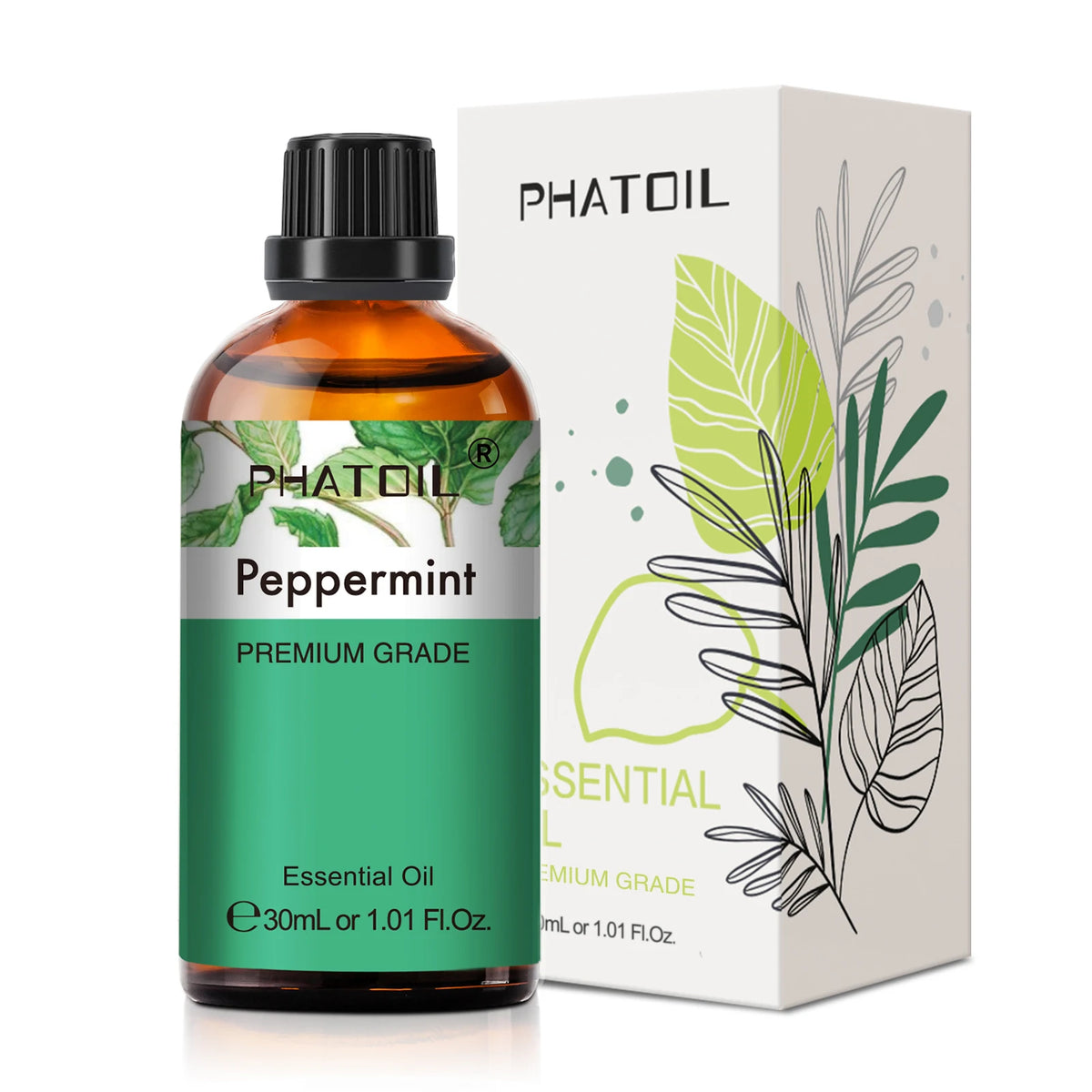 Phatoil peppermint essential oil bottle and packaging on a white background