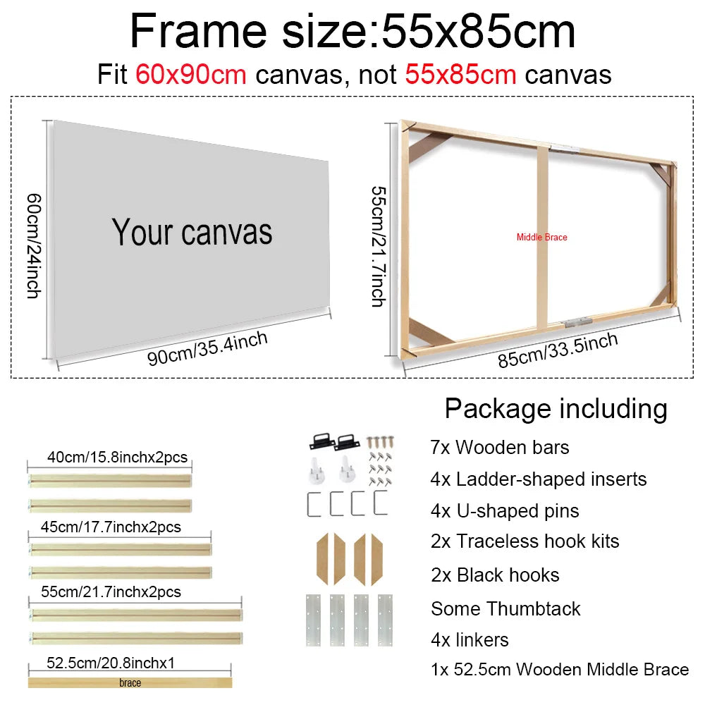 Canvas frame size 55x85cm with dimensions and package contents listed.