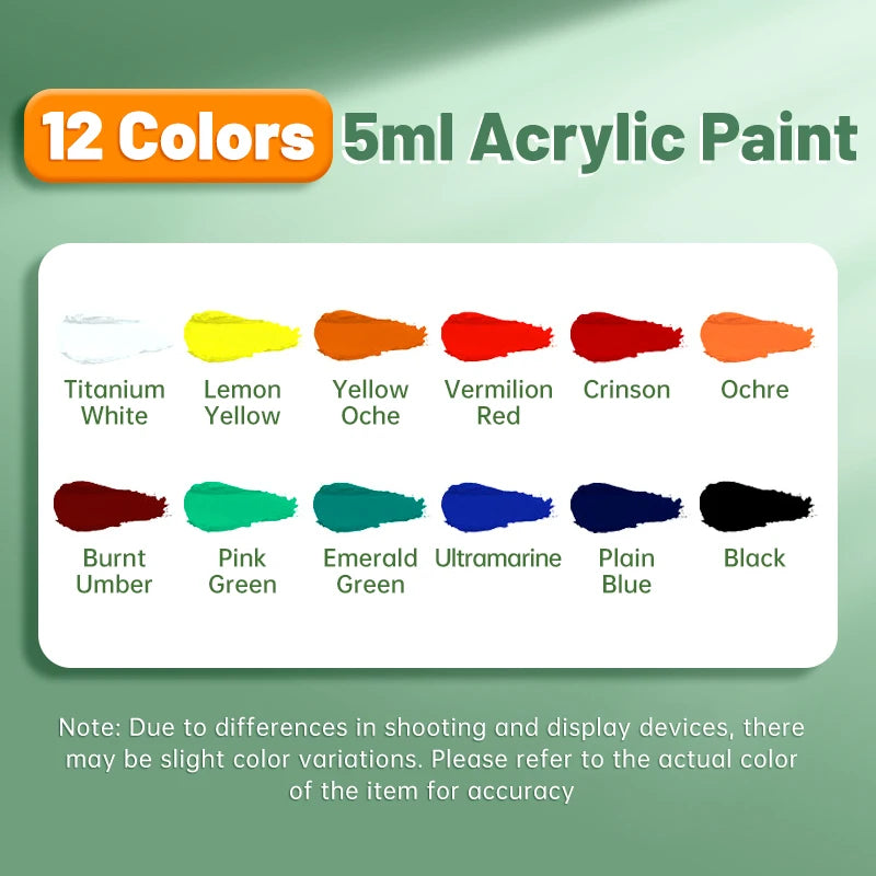 Acrylic Paint Set 5ml Tubes — 12 or 24 Colors, Water-Proof Pigments