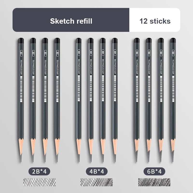 Graphite & Charcoal Sketch Pencil Set — 2H to 14B, 12 or 24 Piece