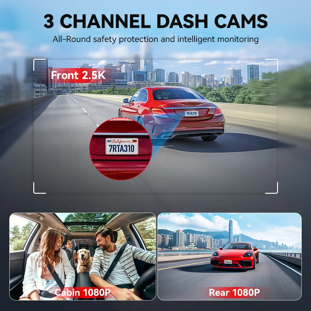 Advertisement for 3-channel dash cam system with car driving on a road and split-screen views of cabin and rear views.  REDTIGER A3 Dash Cam 3 Channel Dash Camera Dash Car Camera Bulit in 2.4GHz Wifi IR Night Vision.