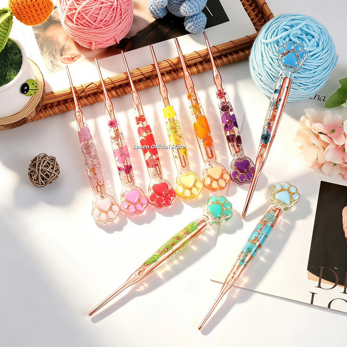 Crochet Hooks, Rose Gold Cat Paw & Floral Handles for Handmade Yarn Crafts