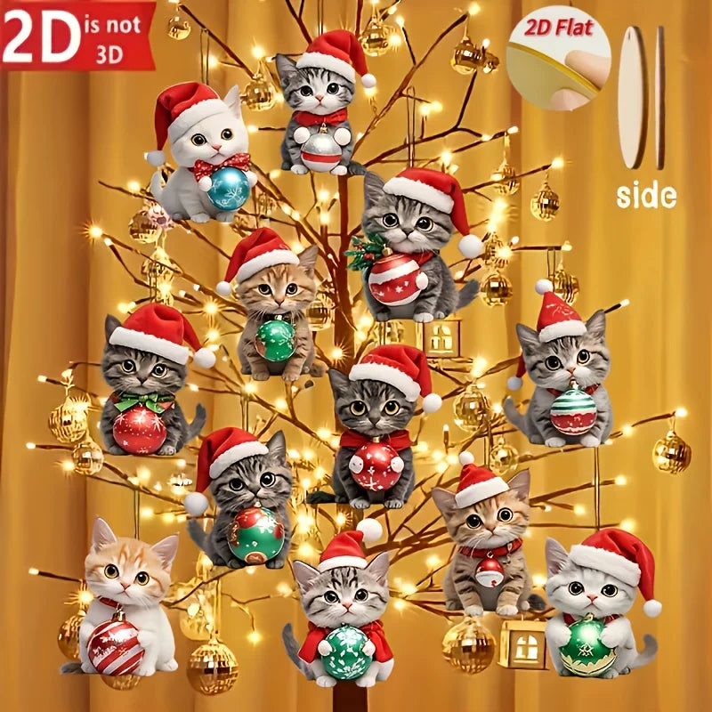 A decorative Christmas tree display featuring multiple gray and white kitten ornaments wearing red Santa hats and holding colorful holiday ornaments, with warm string lights and gold baubles against a golden curtain background. Text overlays include '2D is not 3D', '2D Flat side', and 'side'.