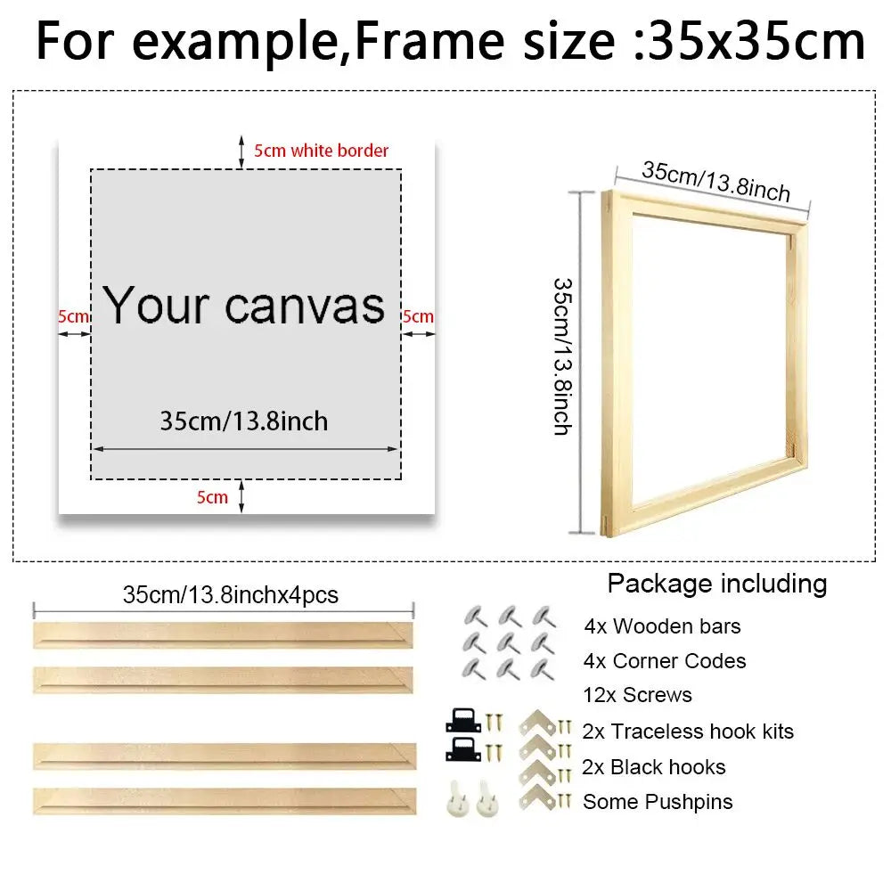 Diagram of a wooden picture frame stretcher bars with dimensions and components listed.