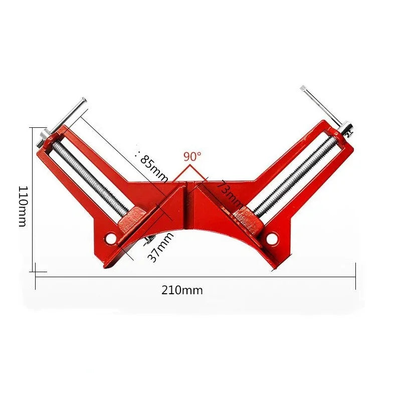 Red Vise picture frame corner clamp with dimensions labeled on a white background