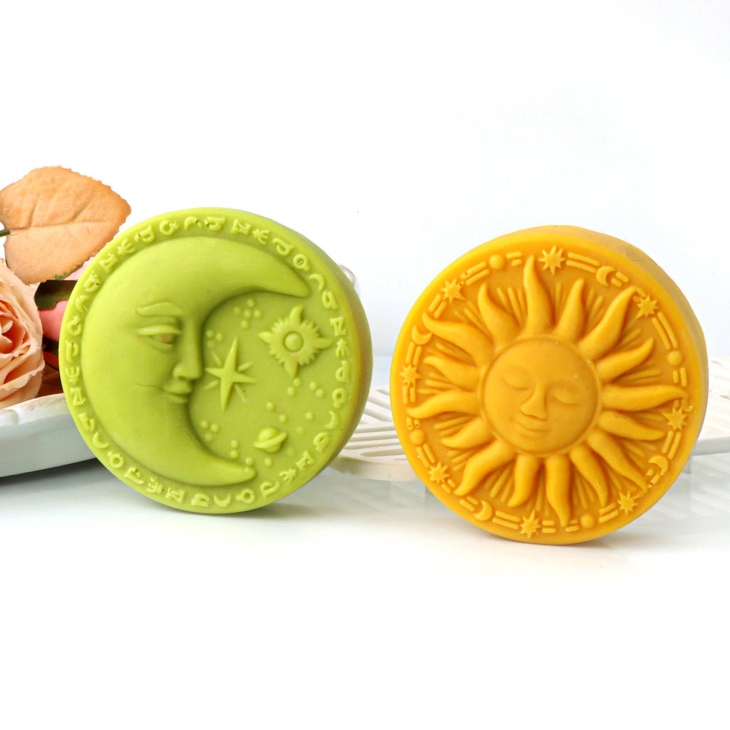 Green crescent-moon face and yellow sun-face round soap casting examples