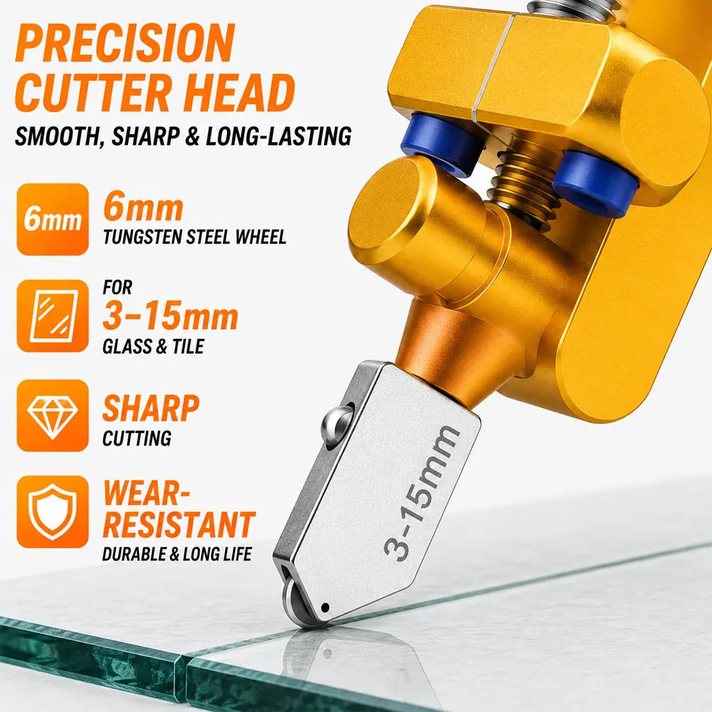Precision cutter head with a gold anodized metal body, blue adjustment screws, and a silver tungsten steel wheel labeled '3-15mm', shown cutting glass with promotional text on a white background.