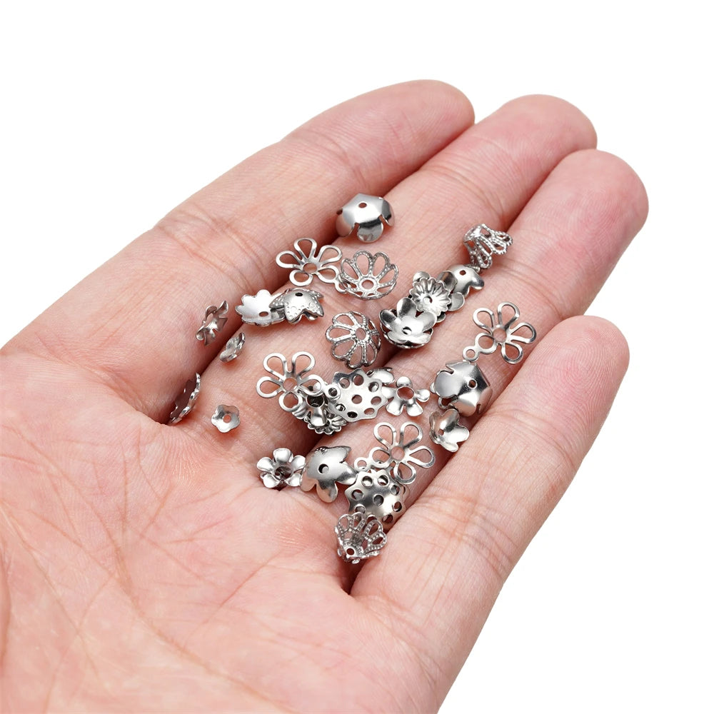 Metal Beads Stainless Steel Cap Steel Tone Flower Filigree End Bracelet Supplies