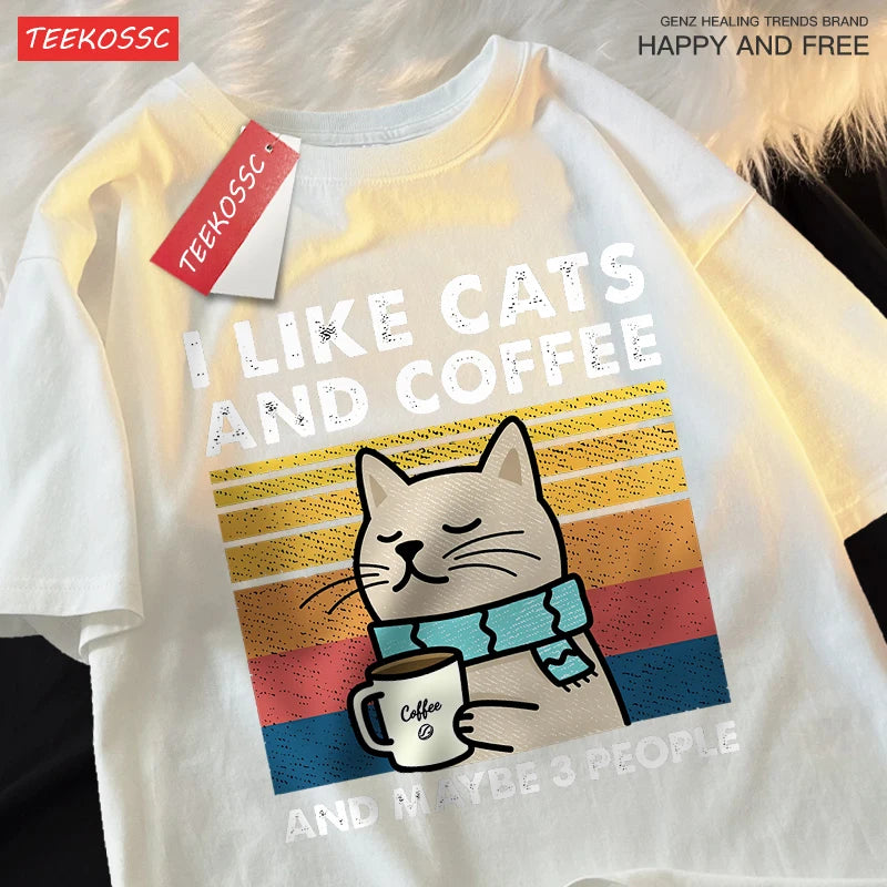 T-Shirt Unisex I Like Cats and Coffee and Maybe 3 People Funny Graphic Tee