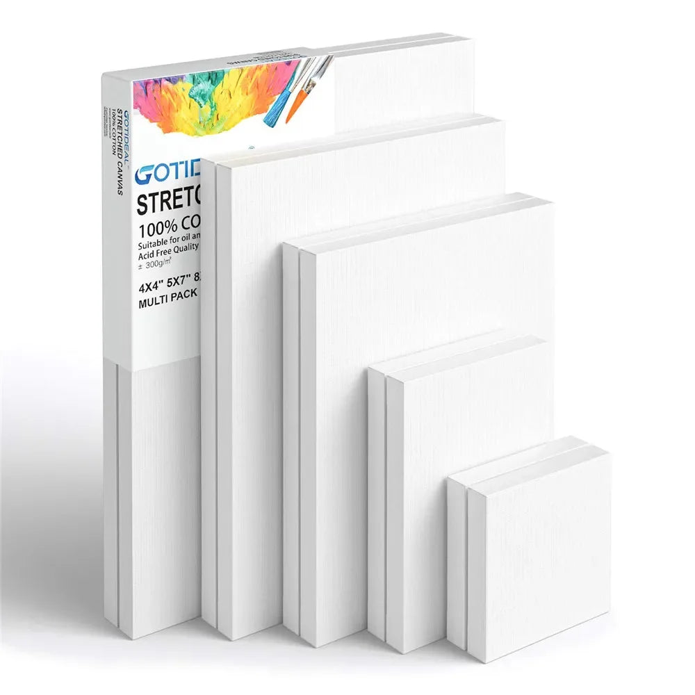 Stretched Artist Canvas 4-Pack 100% Cotton Primed Pine Frame Multi-Size