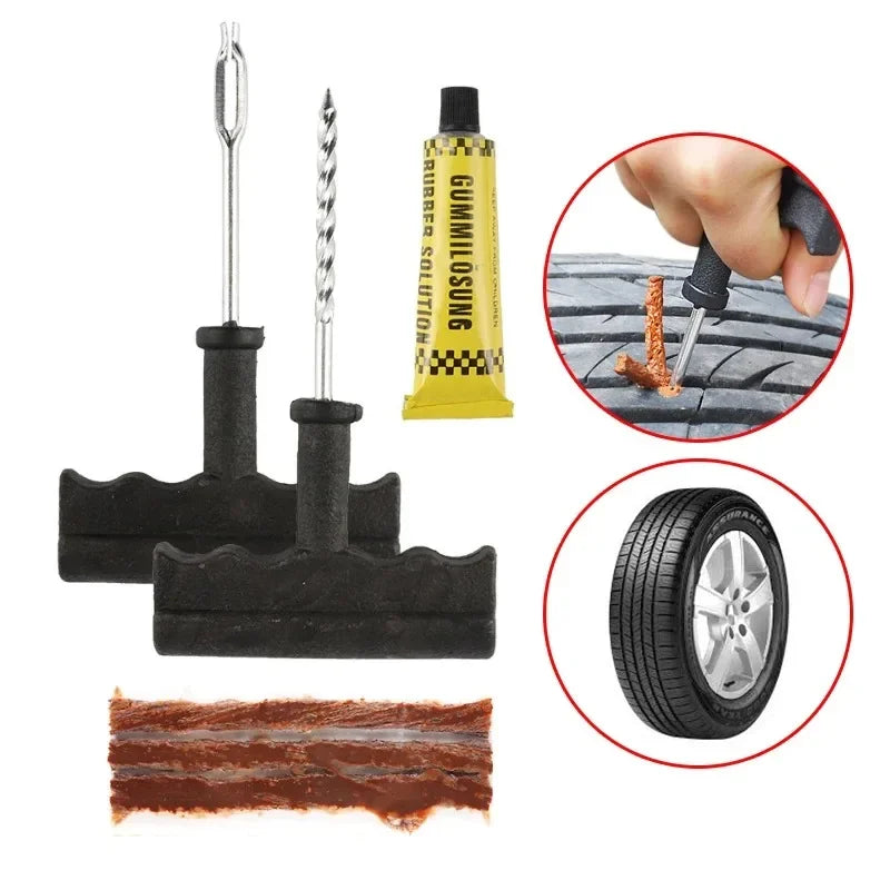 Tire repair tools including a tube, drill, and patch on a white background.