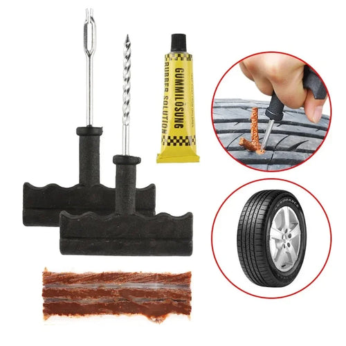 Tire repair tools including a tube, drill, and patch on a white background.