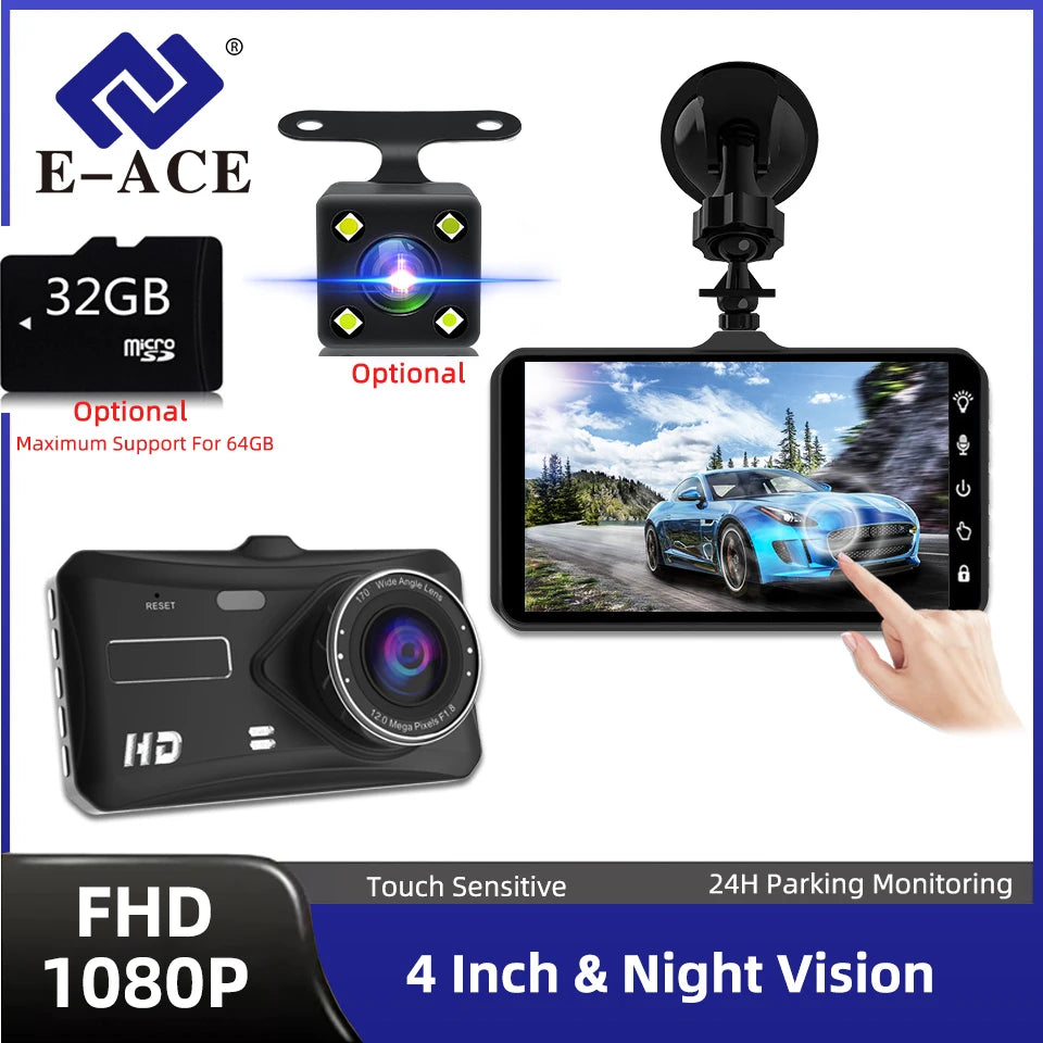 E-ACE car dashboard camera system with touch screen display, night vision, and 4-inch screen.