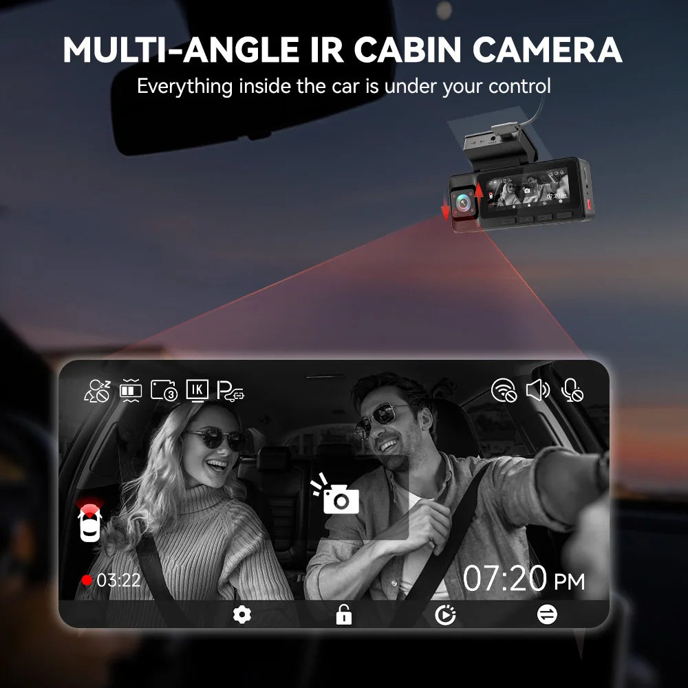 Multi-angle IR cabin camera system with a smartphone display showing a car interior.  REDTIGER A3 Dash Cam 3 Channel Dash Camera Dash Car Camera Bulit in 2.4GHz Wifi IR Night Vision.