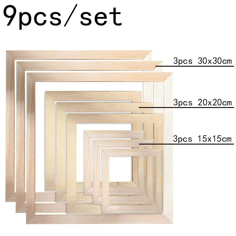 Nine light natural wood picture frames shown in nested sizes with text labels indicating 3 pieces of 30x30 cm, 3 pieces of 20x20 cm, and 3 pieces of 15x15 cm on a white background.
