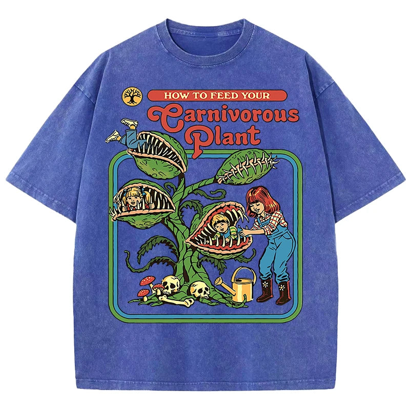 T-Shirt Unisex Carnivorous Plant Print Washed Cotton Crewneck Short Sleeve