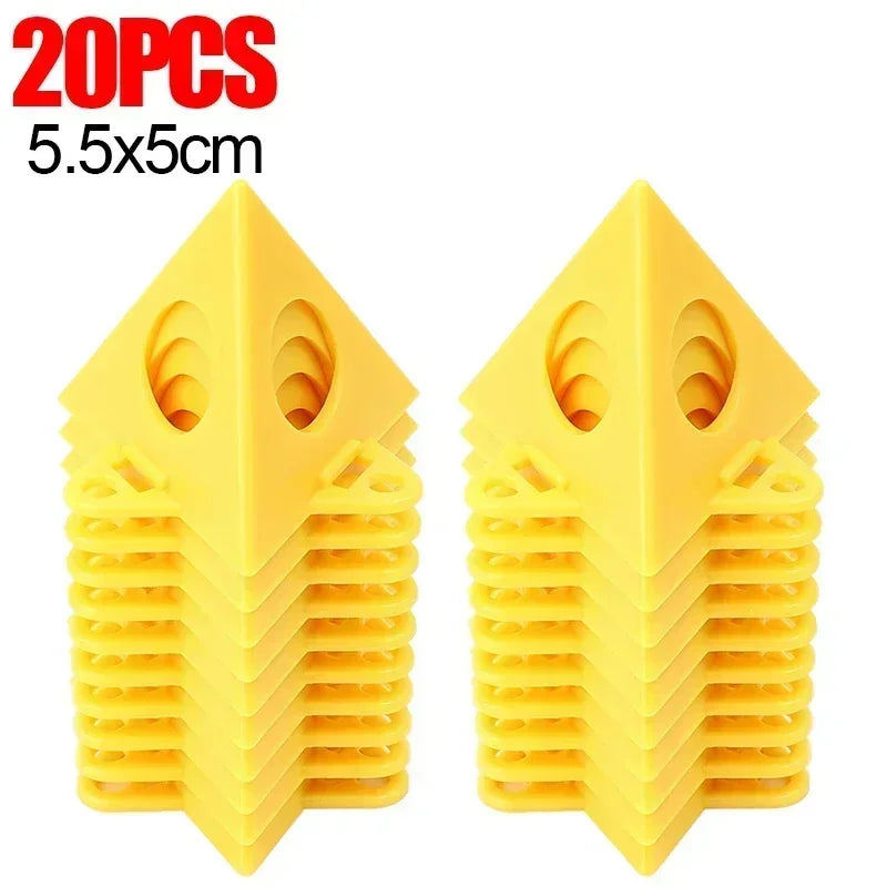 Two stacks of bright yellow plastic cone-shaped spacers with two oval cutouts, labeled '20PCS 5.5x5cm' in red and black text on a white background.