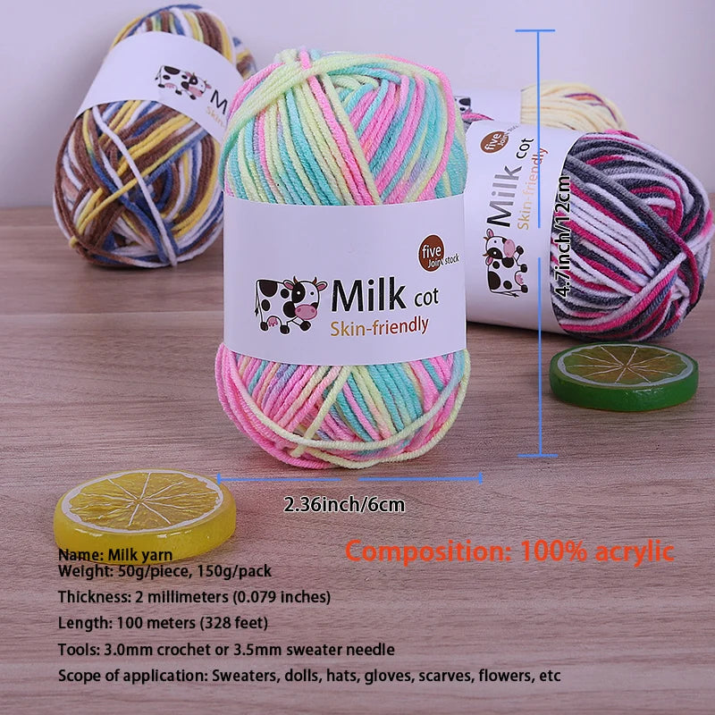 Pastel variegated acrylic yarn with a size diagram and yarn specifications.