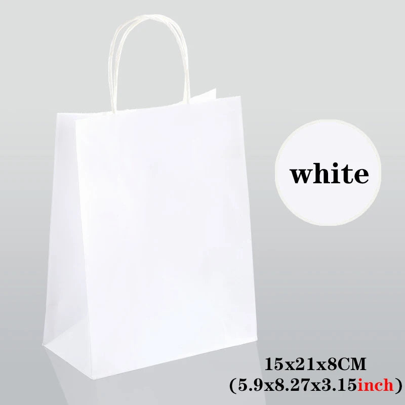 White gift bag with handle on a gray background, labeled 'white' and dimensions.