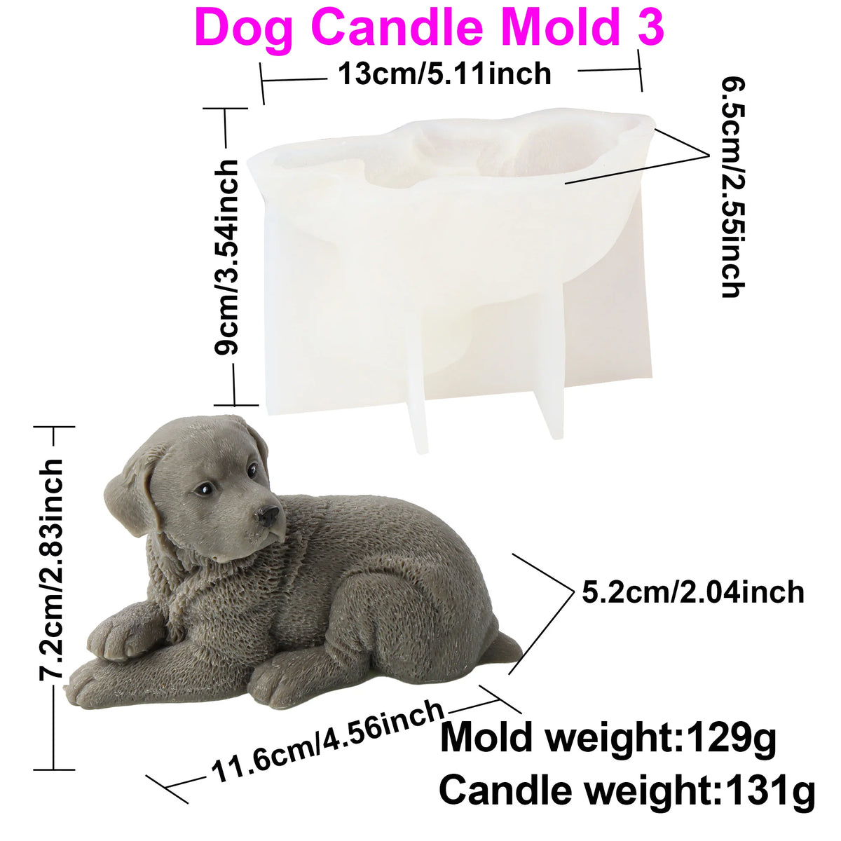 A product diagram showing a dog-shaped candle mold and a gray puppy figurine with dimension labels and text reading 'Dog Candle Mold 3' and weight details on a white background.