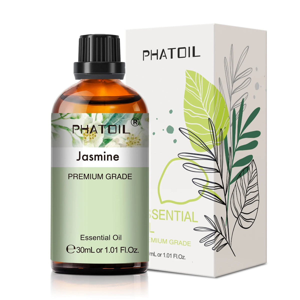 Phatoil Jasmine essential oil bottle and packaging on a white background