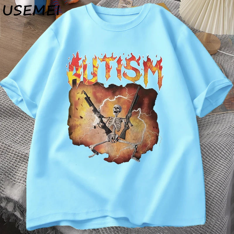 T-Shirt Autism Flame Text Skeleton Graphic Cotton Short Sleeve Unisex Tee