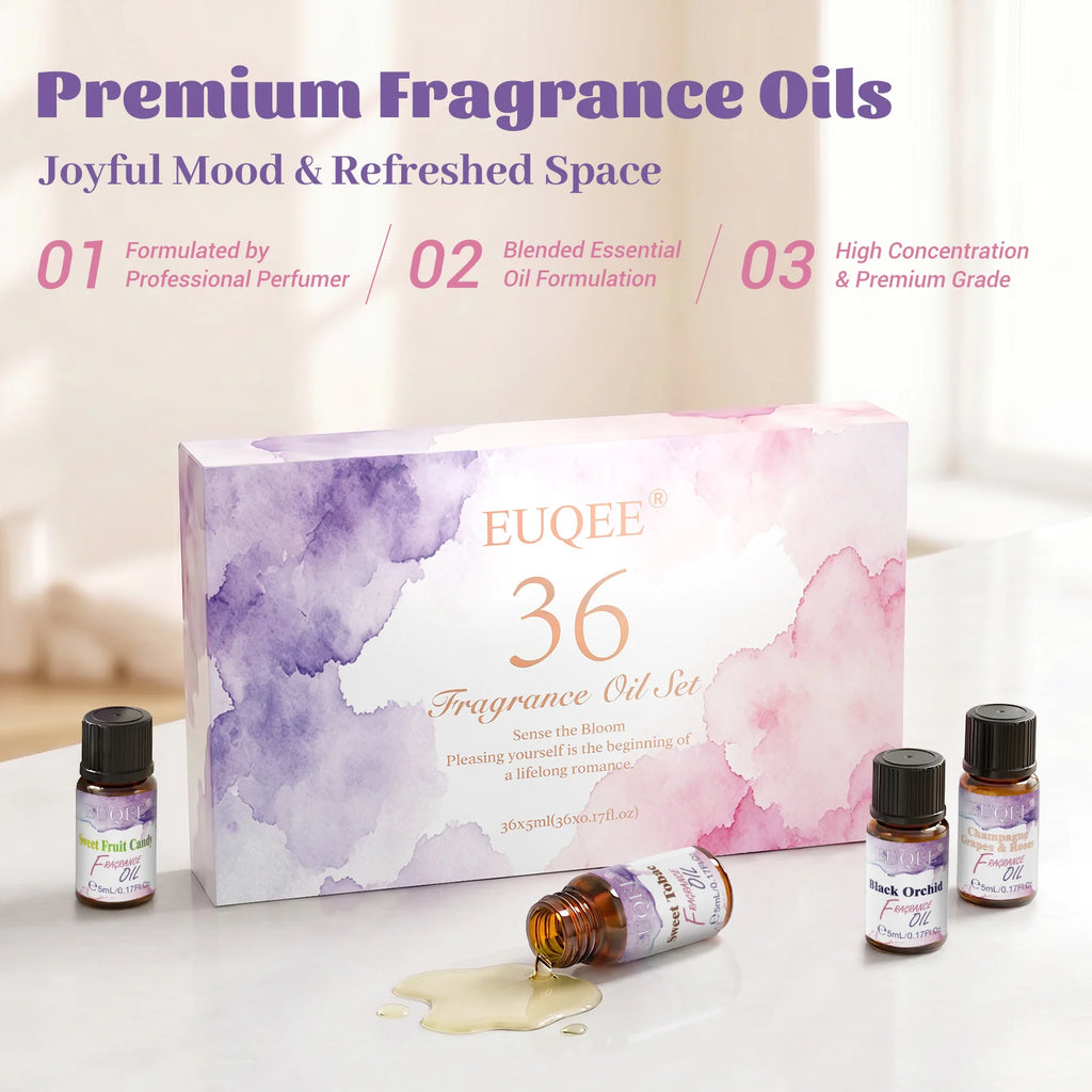 EUQEE 36 Bottles Fragrance Oils Gift Set For Candle Making Diffuser Strawberry Cherry Coconut Coffee Leather 5ml Fragrance Oil