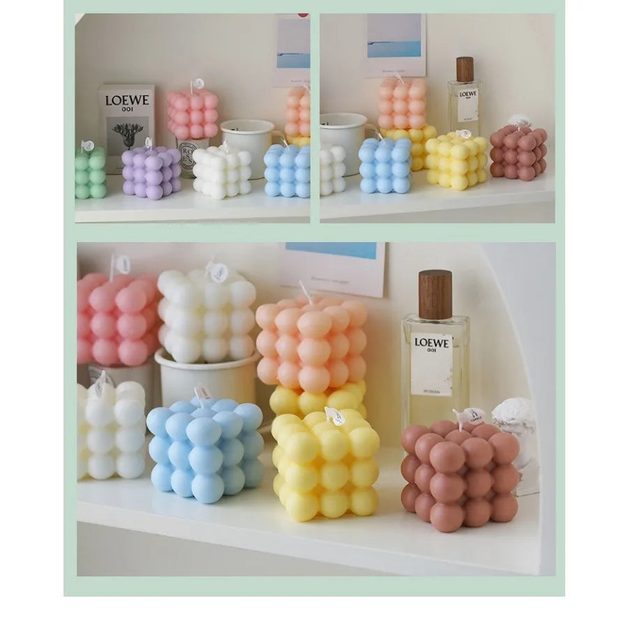 Three-photo collage of bubble cube candles in assorted pastel colors on a tabletop