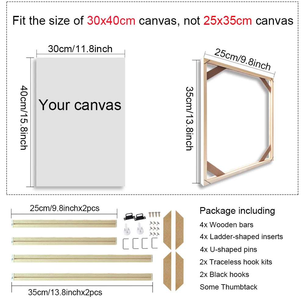 Wooden picture frame with dimensions and package contents on a white background