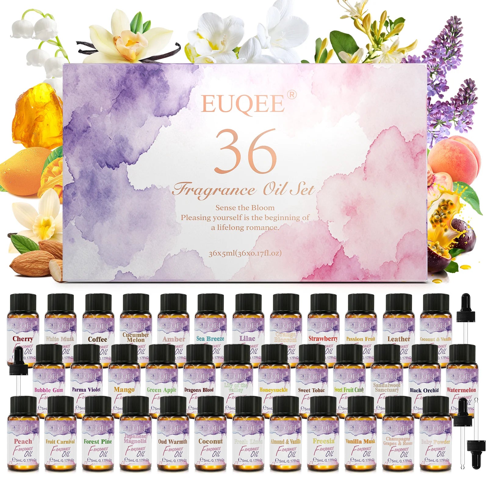 EUQEE 36 Bottles Fragrance Oils Gift Set For Candle Making Diffuser Strawberry Cherry Coconut Coffee Leather 5ml Fragrance Oil