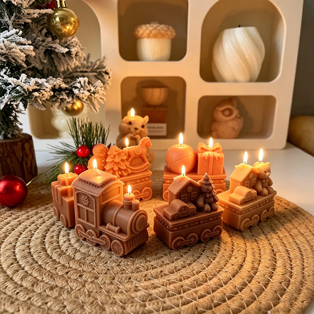 3D Christmas Train Silicone Candle Mold, 4 Carriages Bear Gingerbread Man Gift Box Design Soap Mold DIY Xmas Home Decor Gift