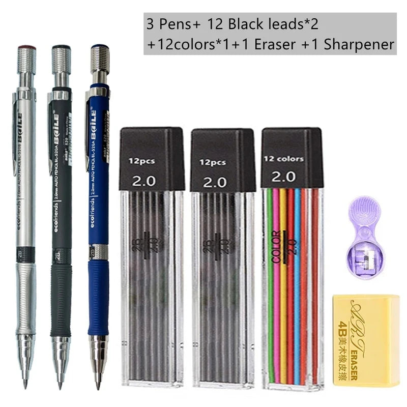 Mechanical Pencil Set, 2.0mm 2B, Pencils & Lead Refills, Color or Black