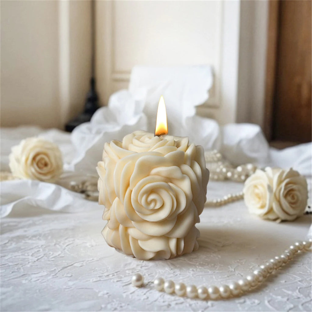 3D Rose Pillar Candle Silicone Mold DIY Geometric Flower Column Scented Candle Plaster Ornament Mold Handmade Gift Wedding Decor
