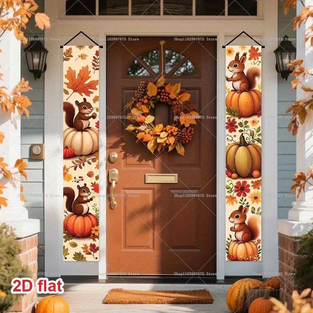 Autumn Pumpkins Maple Leaf Banners Thanksgiving Decorations Couplets Porch Welcome Sign Indoor Outdoor Wall Hanging Banners