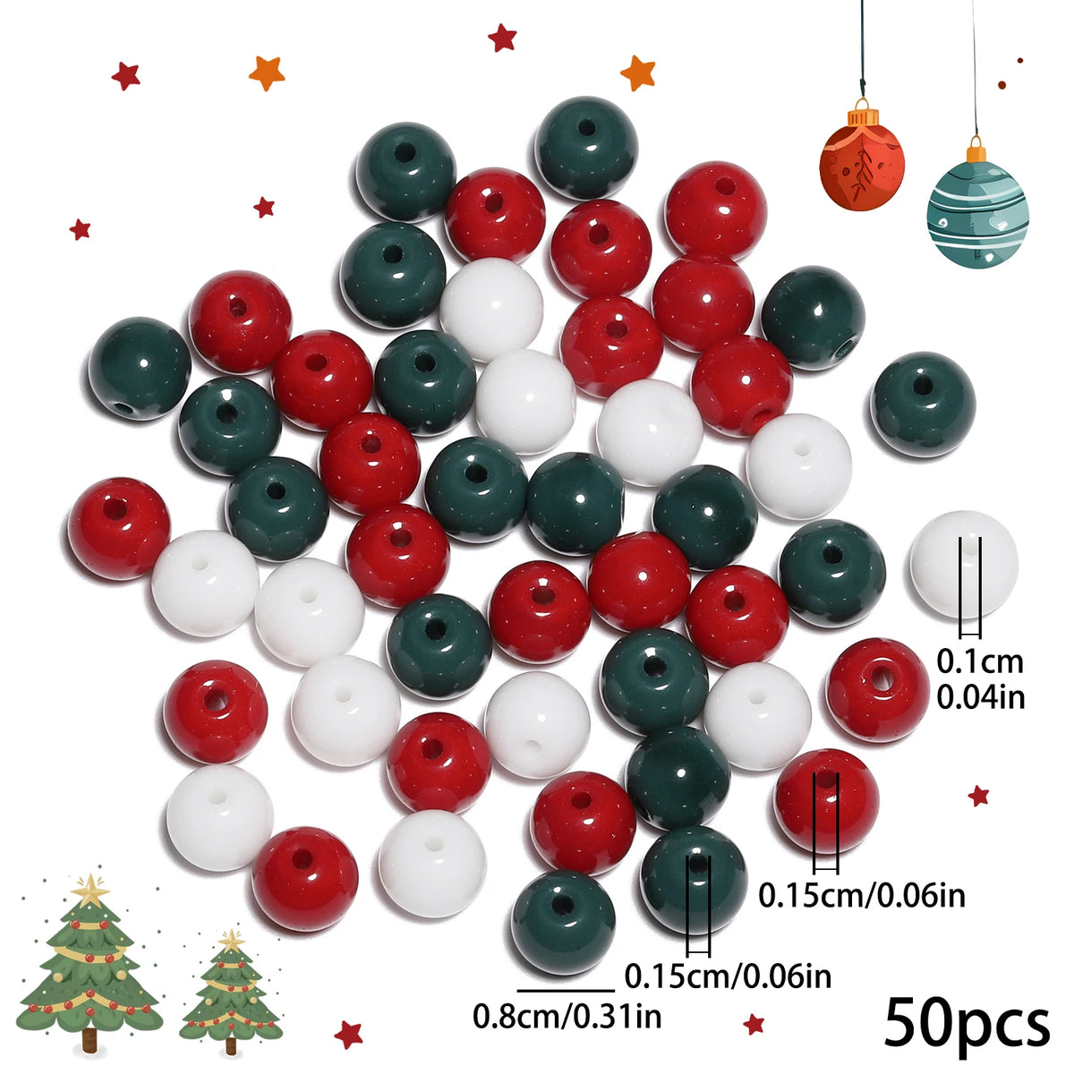 Glass Beads Round Christmas White Green Red Colors for DIY Jewelry Making