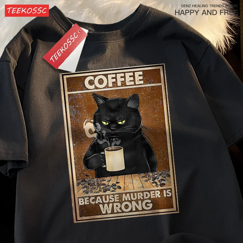 T-Shirt Unisex Coffee Because Murder Is Wrong Black Cat Humor Graphic Tee