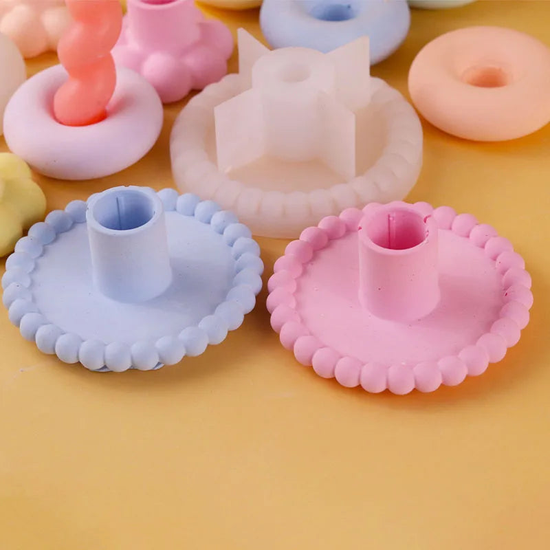 Round Candle Holder Silicone Mold Nordic Candlestick Cement Plaster Craft Mould DIY Cute Flower Shape Resin Candle Stand Molds