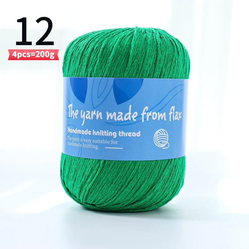 Bright green linen lace yarn skein, color code 12, with a blue flax label.
