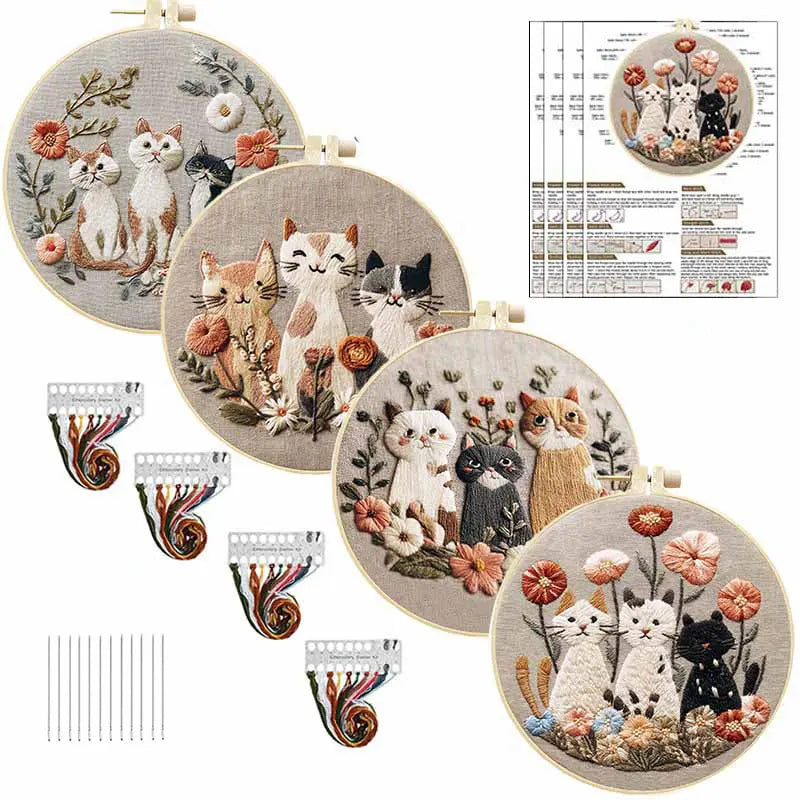 Embroidery Kit, Cats & Flowers with Needles & Thread for Handmade Crafts