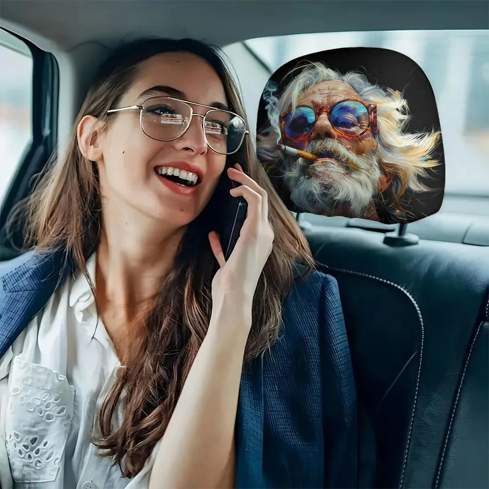 2pcs Vintage Fashion Glasses Print Headrest Covers Fun Smoking Hippie Interior Decor Easy Install and Wash,