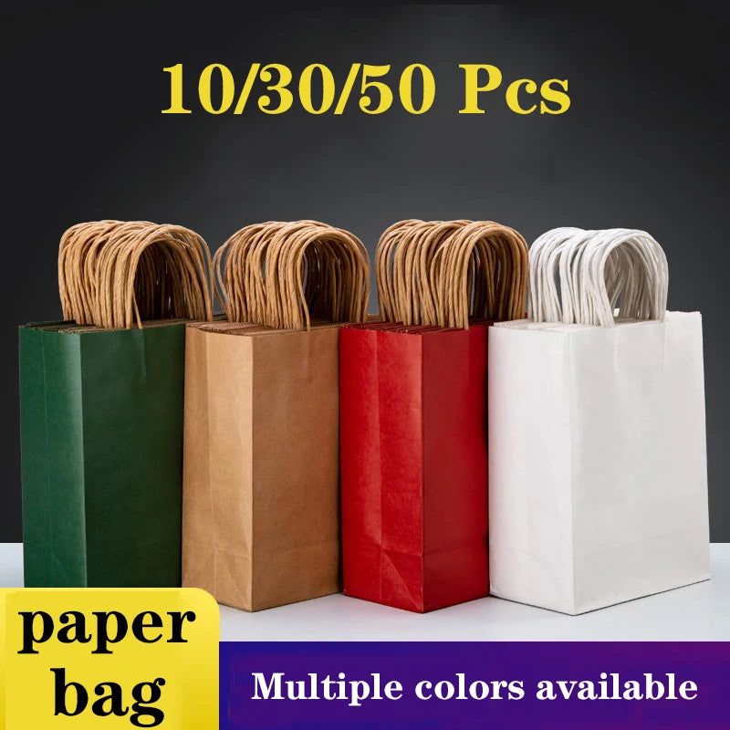 Four colorful gift bags in green, brown, red, and white with text indicating quantity options and a dark background.