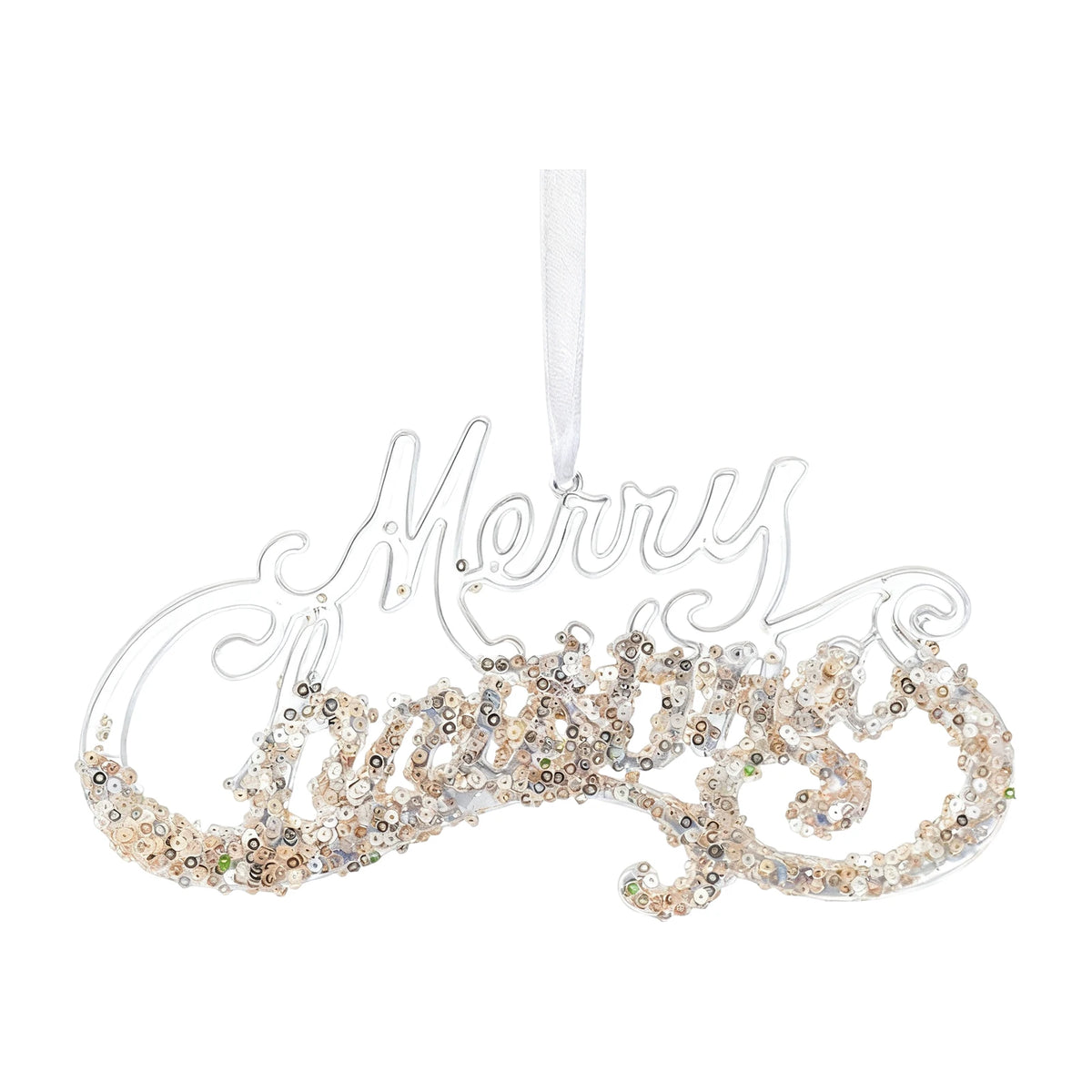 A festive Christmas ornament spelling out 'Merry Christmas' in silver cursive with a glittering, rhinestone-embellished scroll design below, hanging from a white ribbon on a plain white background.