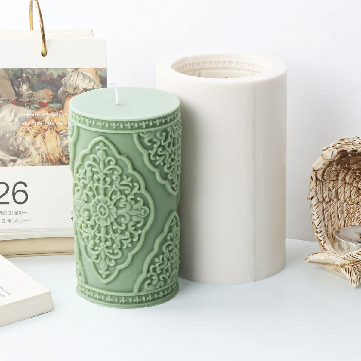 Vintage Floral Totem Cylinder Candle Silicone Mold DIY Creative Embossed Lace Pillar Candle Plaster Making Supplies Mould
