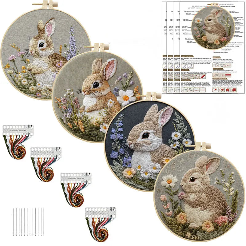Embroidery Kit, Rabbit & Flower Wreath for Easter Decor & Handmade Gifts